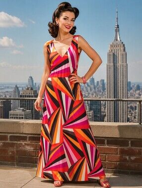 karin stevens Pink, Orange & Brown Geometric Maxi Dress